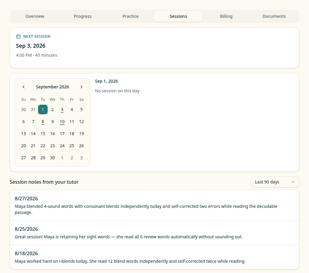 LitTrack parent portal sessions view with upcoming session calendar and tutor session notes