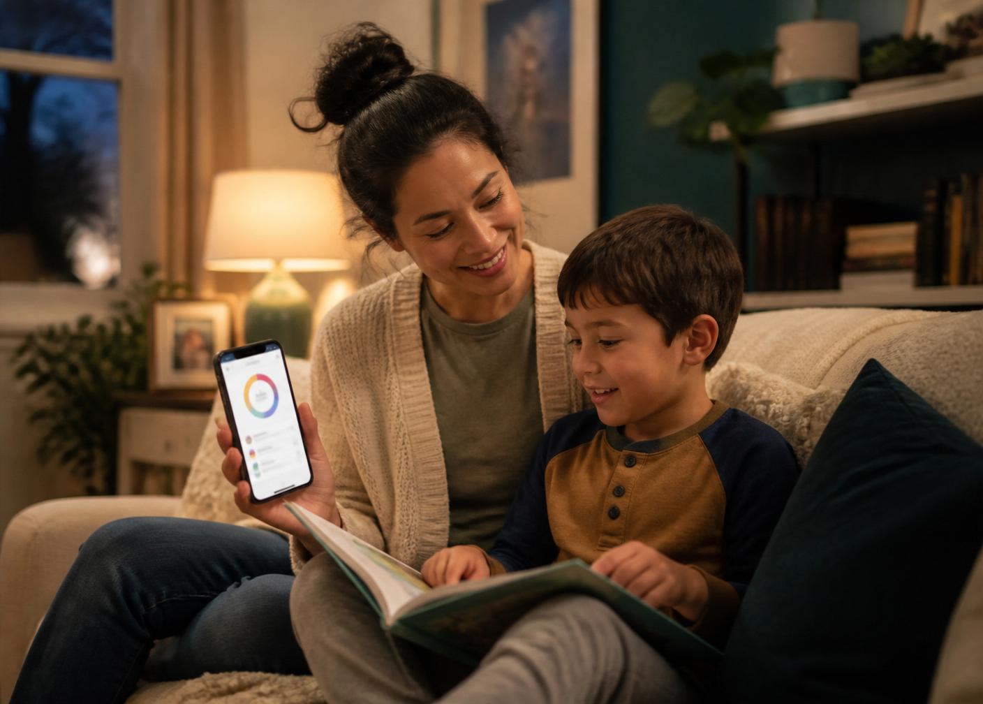 A parent and child reading together at home while reviewing progress on a phone