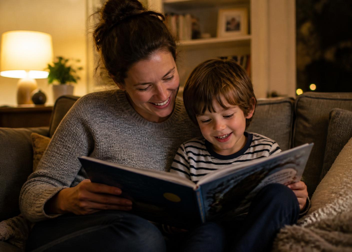 A parent and child reading a picture book together at home